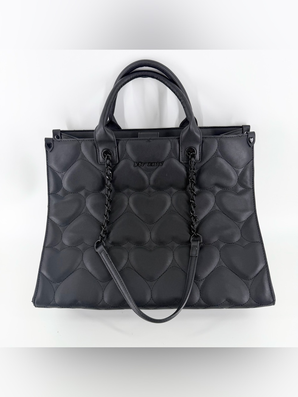 Betsey Johnson XO Kiara Black Quilted Heart Tote Bag Large Laptop Shoulder Purse